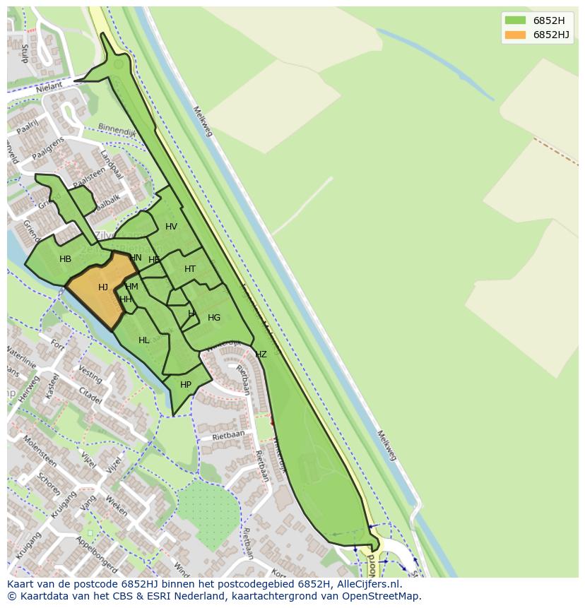 Afbeelding van het postcodegebied 6852 HJ op de kaart.