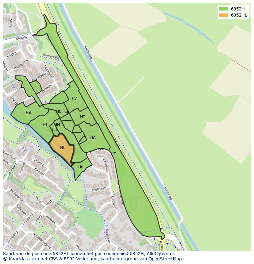 Afbeelding van het postcodegebied 6852 HL op de kaart.