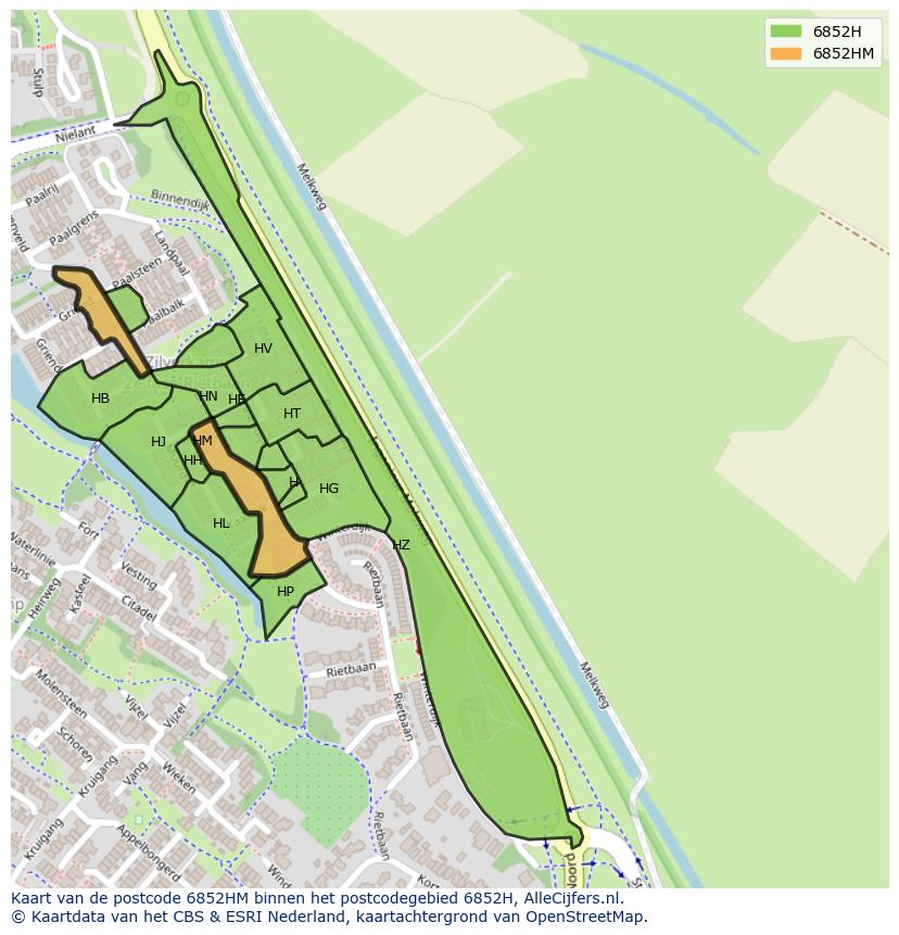 Afbeelding van het postcodegebied 6852 HM op de kaart.