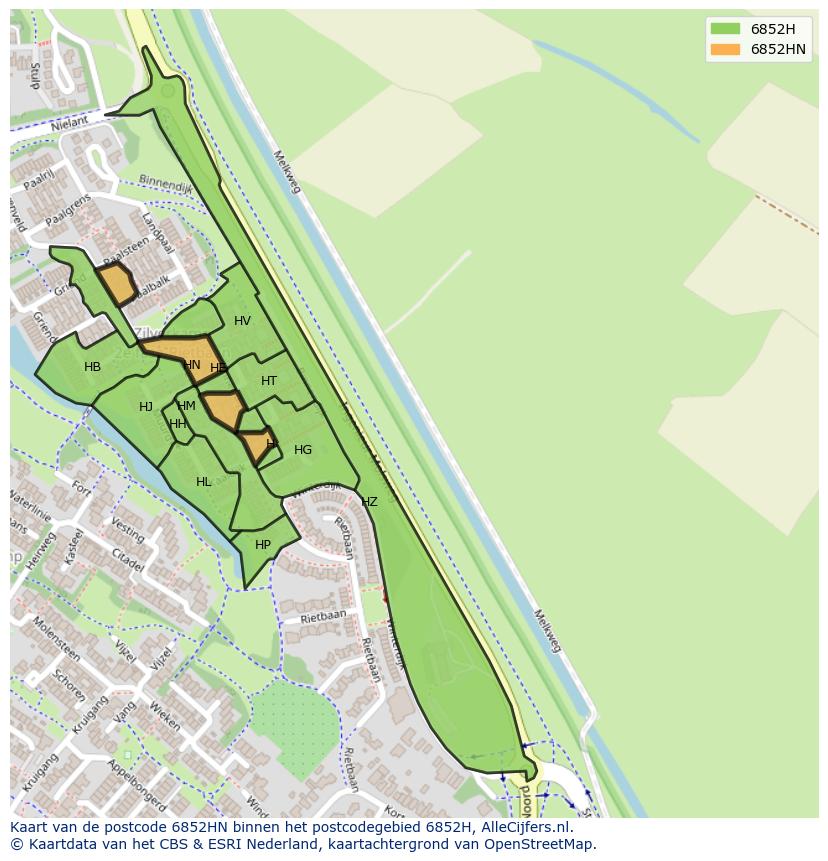 Afbeelding van het postcodegebied 6852 HN op de kaart.