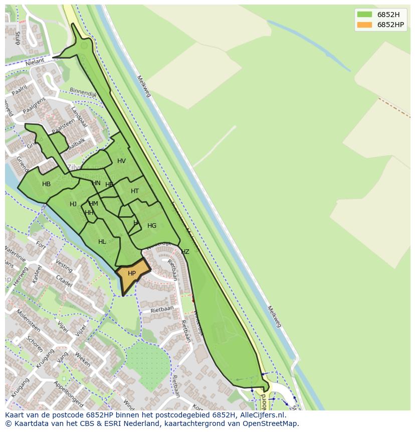 Afbeelding van het postcodegebied 6852 HP op de kaart.