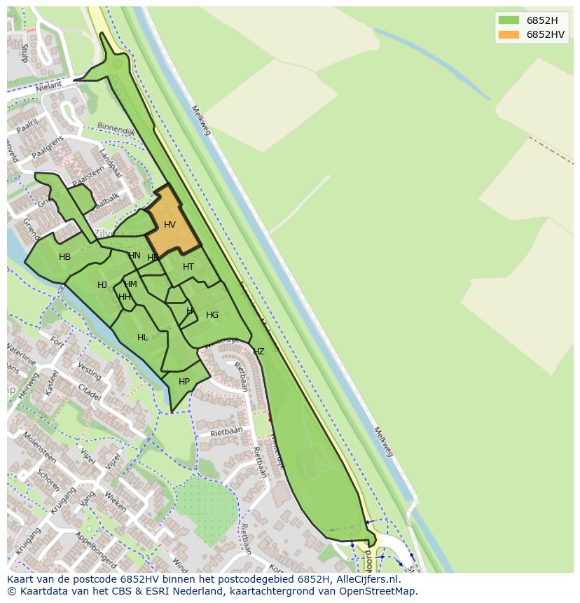 Afbeelding van het postcodegebied 6852 HV op de kaart.