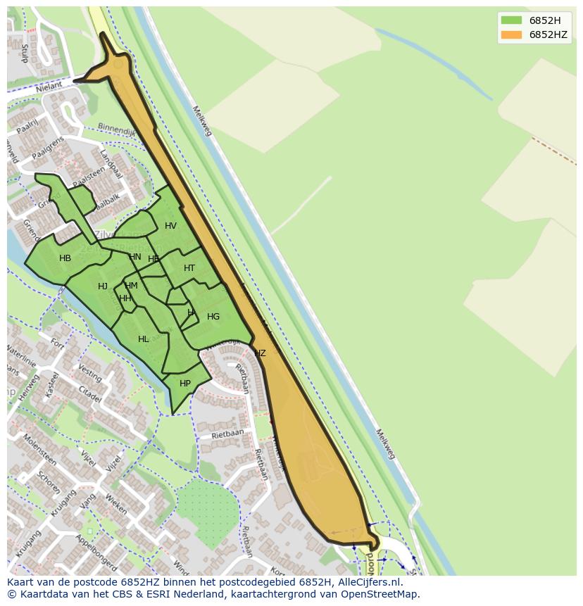 Afbeelding van het postcodegebied 6852 HZ op de kaart.