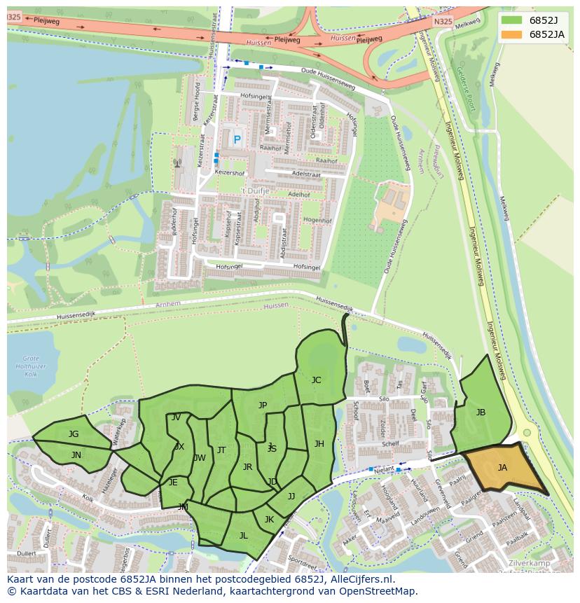 Afbeelding van het postcodegebied 6852 JA op de kaart.