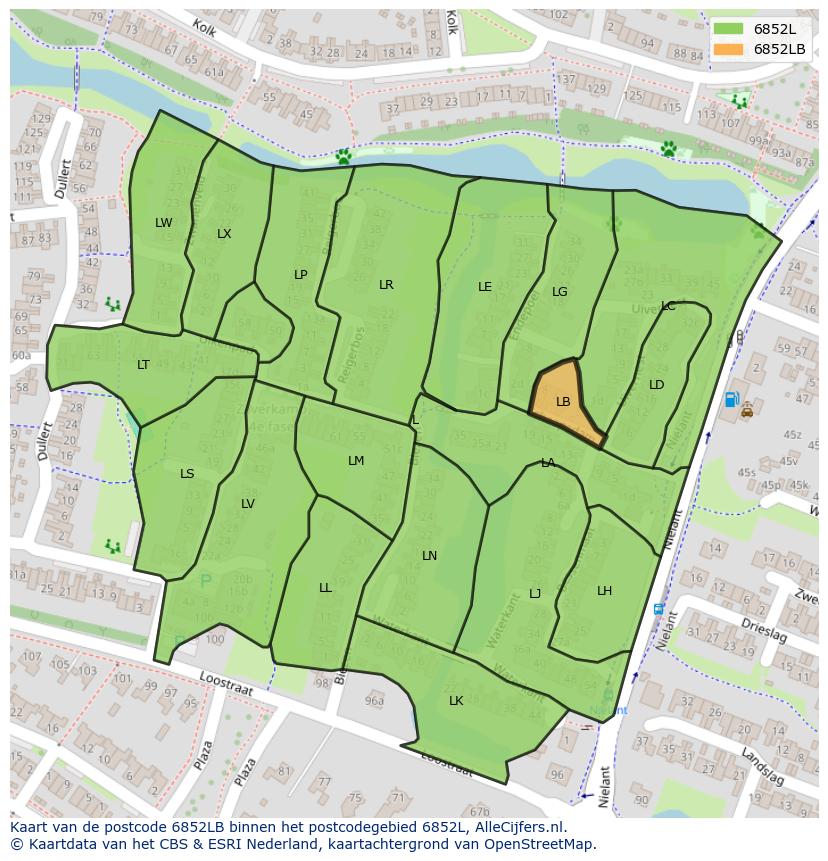 Afbeelding van het postcodegebied 6852 LB op de kaart.