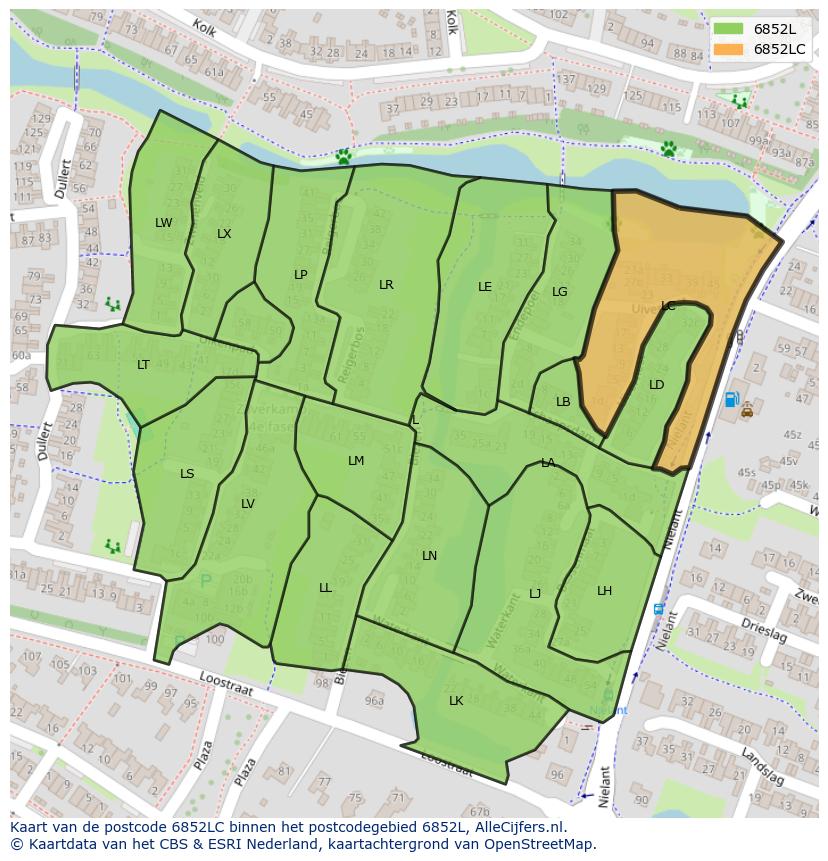 Afbeelding van het postcodegebied 6852 LC op de kaart.