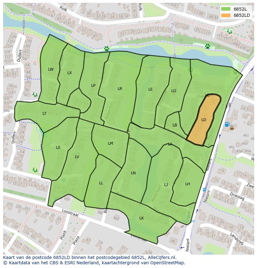 Afbeelding van het postcodegebied 6852 LD op de kaart.