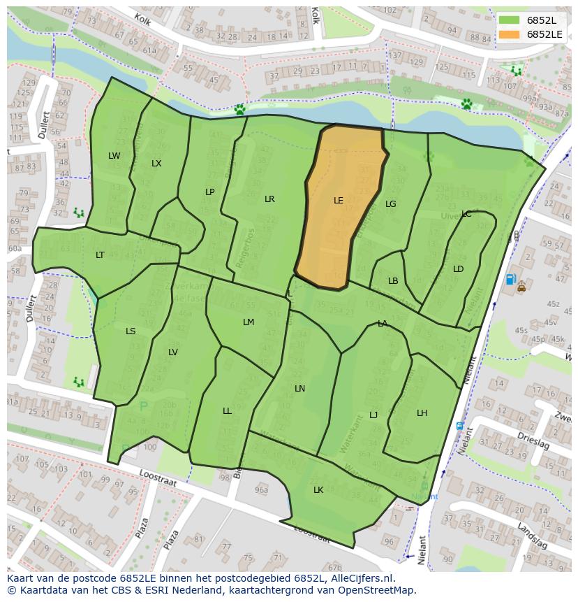 Afbeelding van het postcodegebied 6852 LE op de kaart.