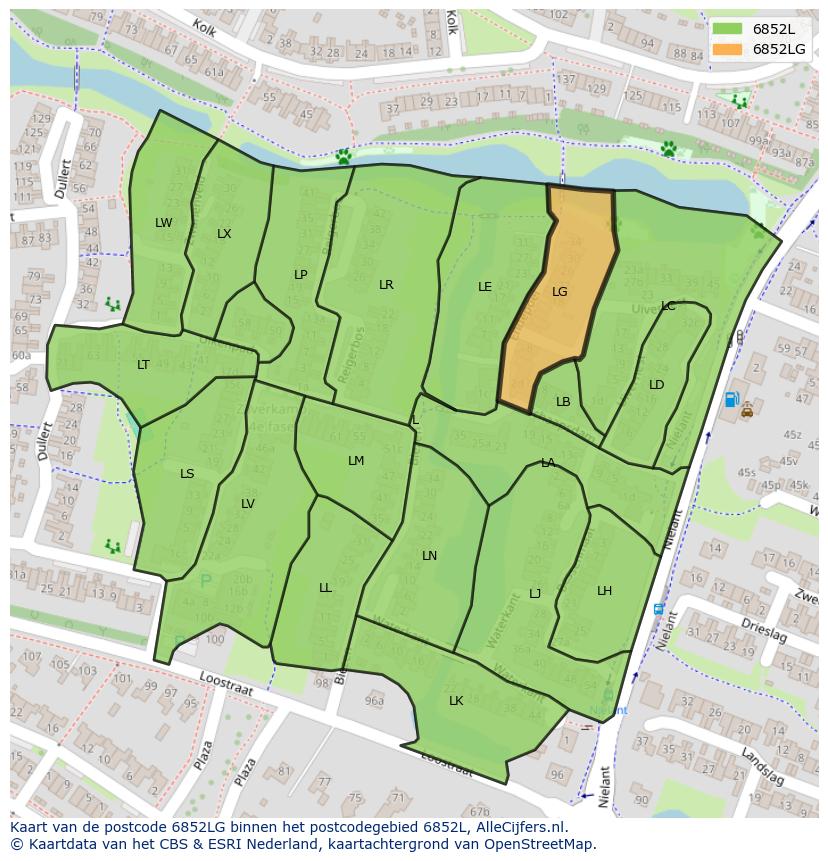 Afbeelding van het postcodegebied 6852 LG op de kaart.