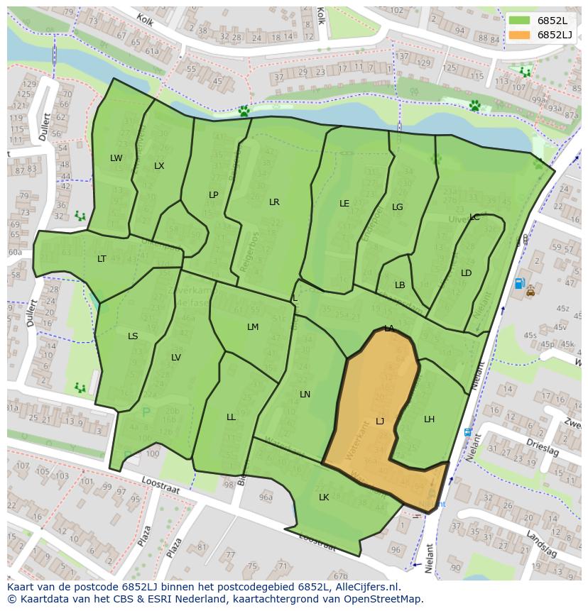 Afbeelding van het postcodegebied 6852 LJ op de kaart.
