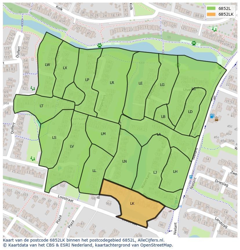 Afbeelding van het postcodegebied 6852 LK op de kaart.
