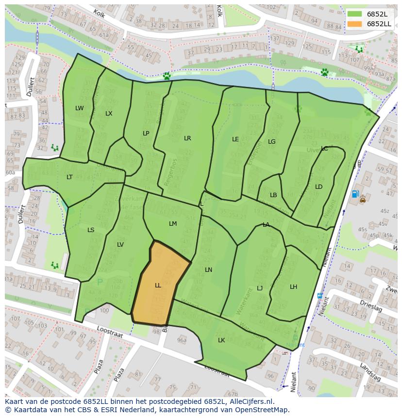 Afbeelding van het postcodegebied 6852 LL op de kaart.