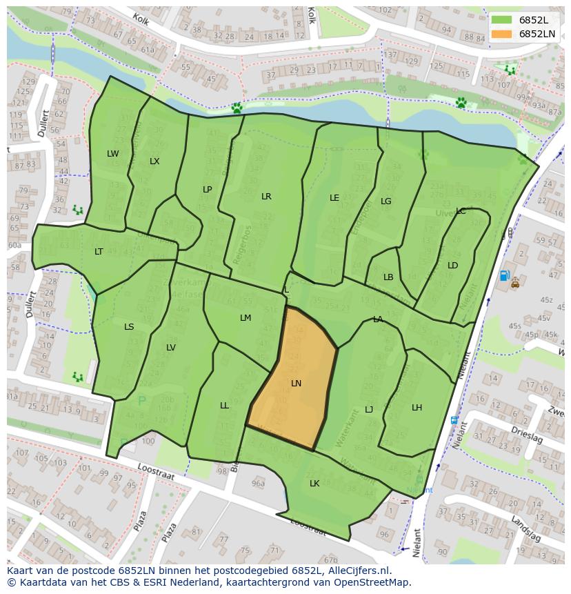 Afbeelding van het postcodegebied 6852 LN op de kaart.