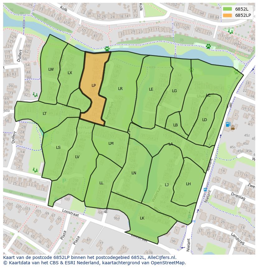 Afbeelding van het postcodegebied 6852 LP op de kaart.