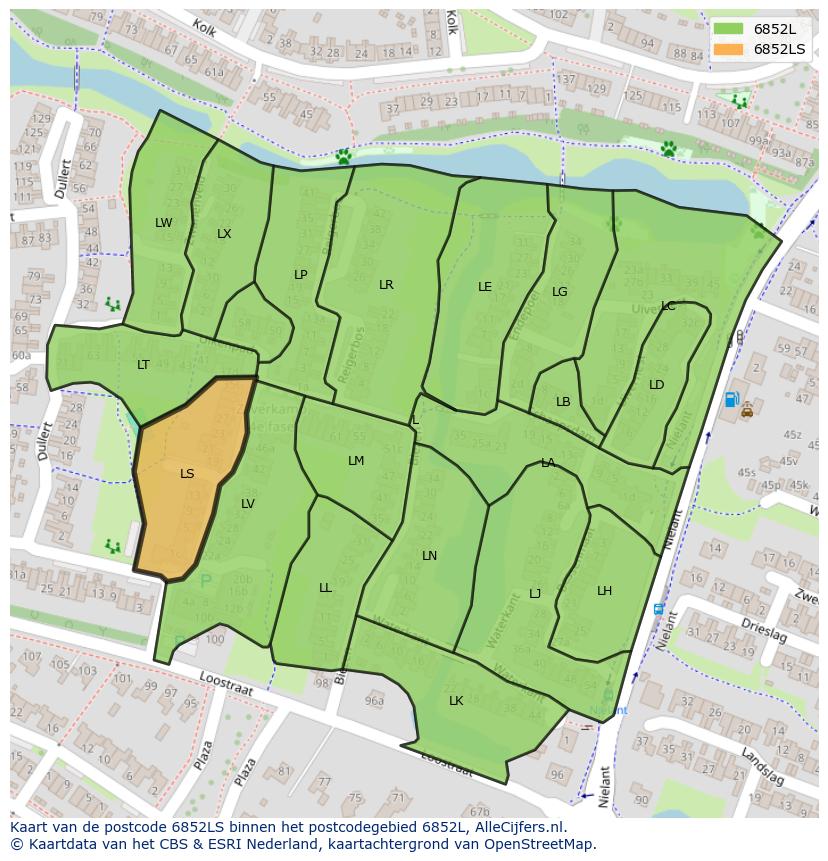 Afbeelding van het postcodegebied 6852 LS op de kaart.