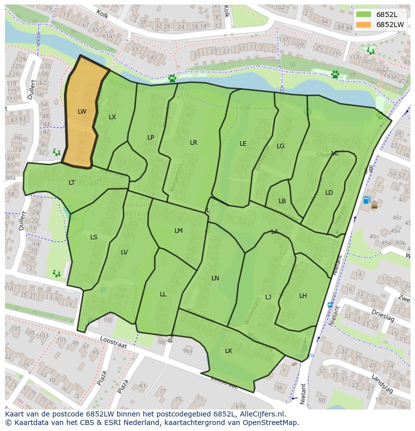 Afbeelding van het postcodegebied 6852 LW op de kaart.