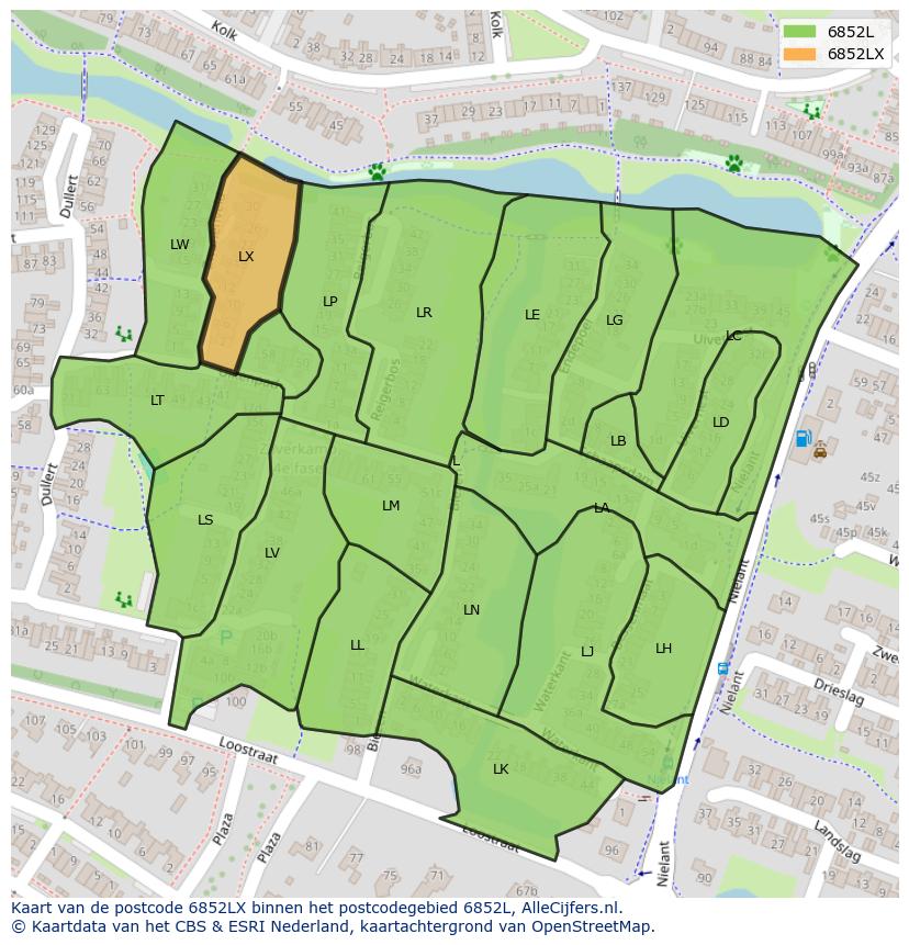 Afbeelding van het postcodegebied 6852 LX op de kaart.
