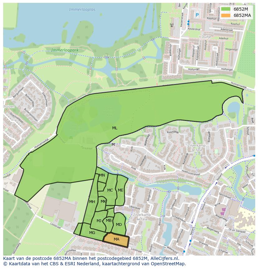 Afbeelding van het postcodegebied 6852 MA op de kaart.