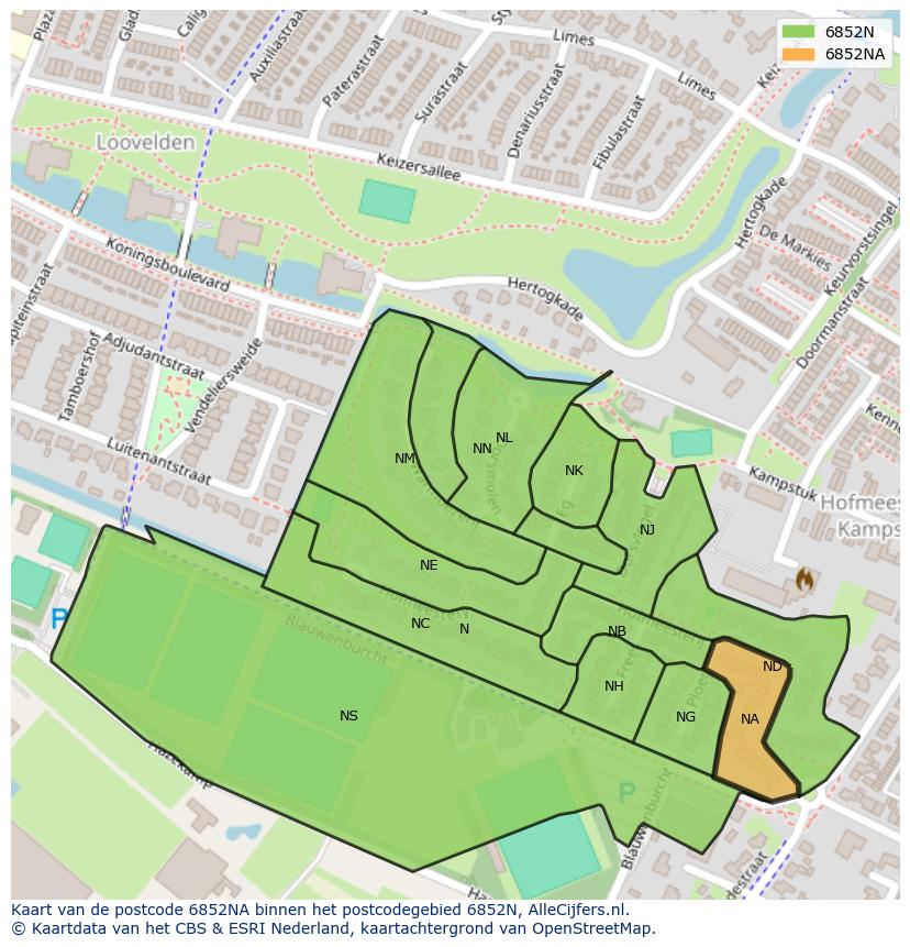Afbeelding van het postcodegebied 6852 NA op de kaart.