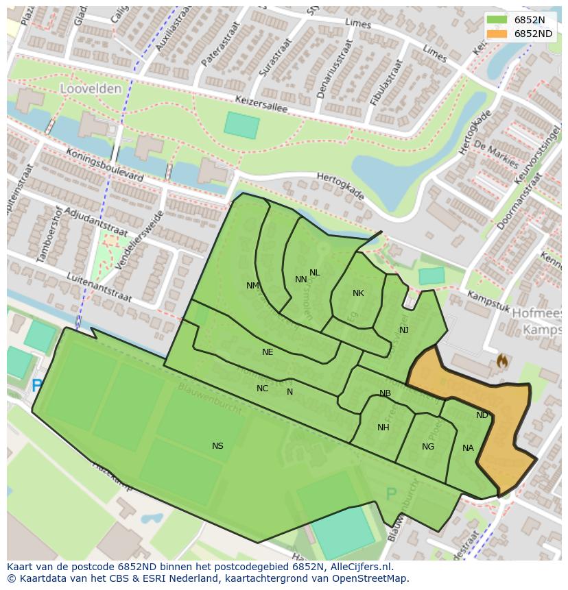 Afbeelding van het postcodegebied 6852 ND op de kaart.