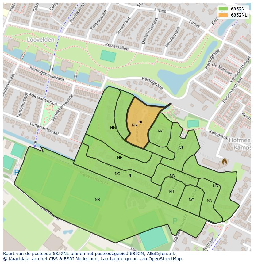 Afbeelding van het postcodegebied 6852 NL op de kaart.