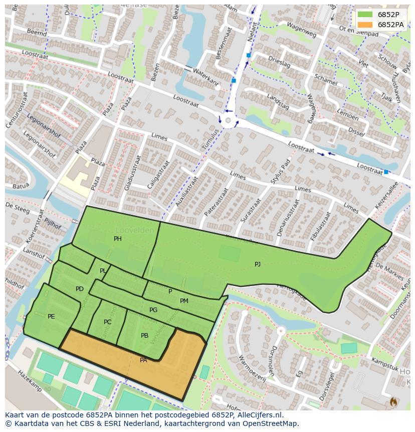 Afbeelding van het postcodegebied 6852 PA op de kaart.