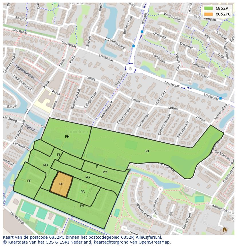 Afbeelding van het postcodegebied 6852 PC op de kaart.