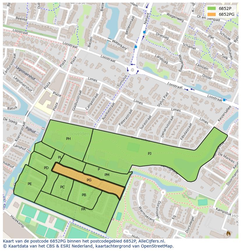 Afbeelding van het postcodegebied 6852 PG op de kaart.