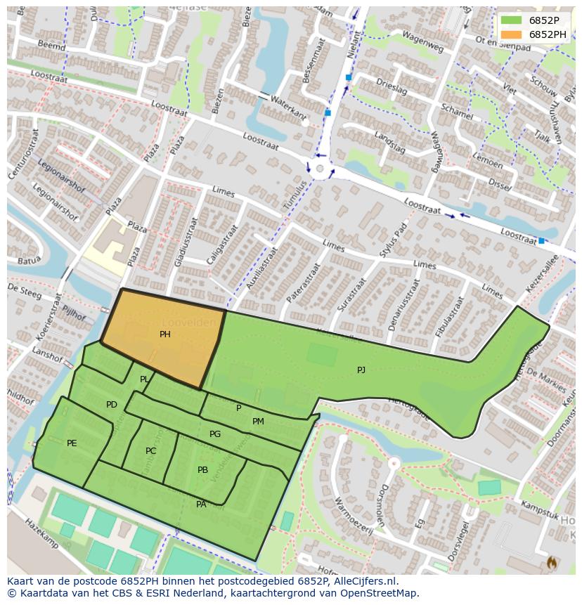 Afbeelding van het postcodegebied 6852 PH op de kaart.