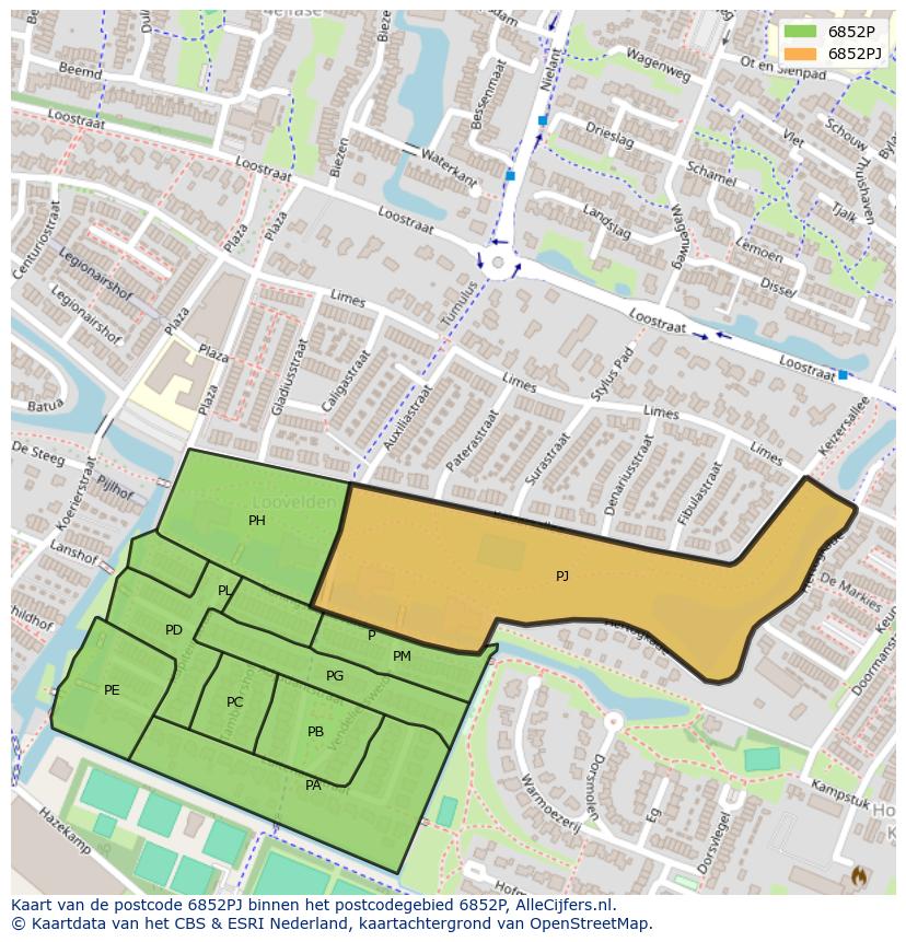 Afbeelding van het postcodegebied 6852 PJ op de kaart.
