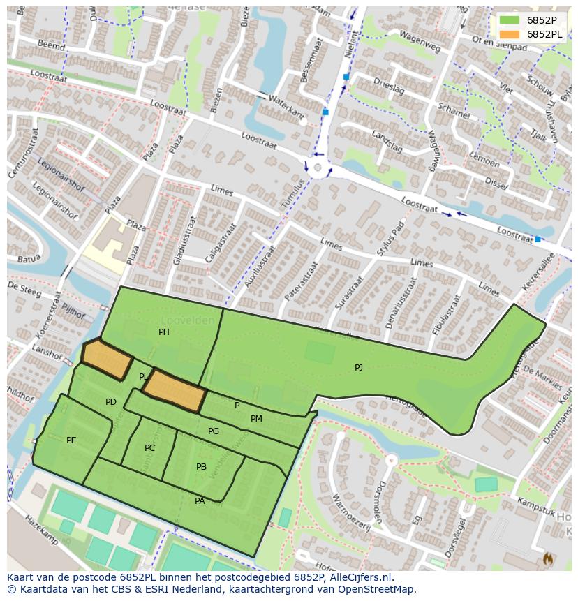 Afbeelding van het postcodegebied 6852 PL op de kaart.