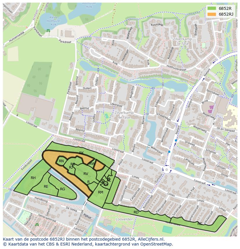 Afbeelding van het postcodegebied 6852 RJ op de kaart.