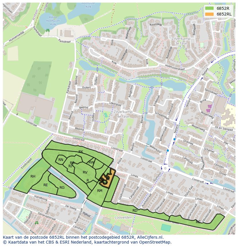 Afbeelding van het postcodegebied 6852 RL op de kaart.
