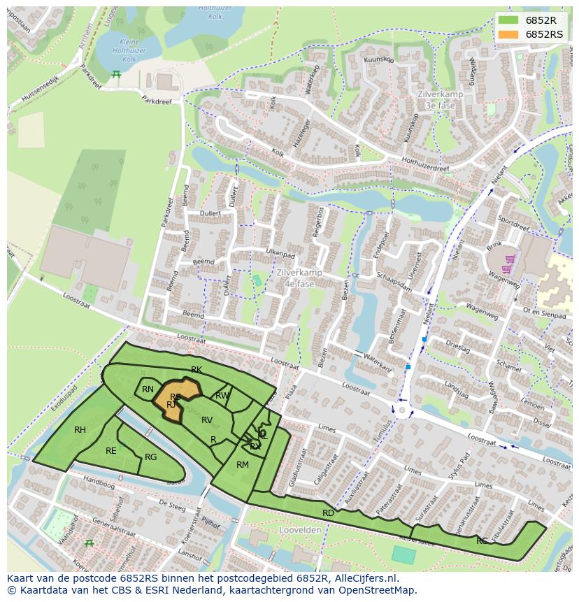 Afbeelding van het postcodegebied 6852 RS op de kaart.