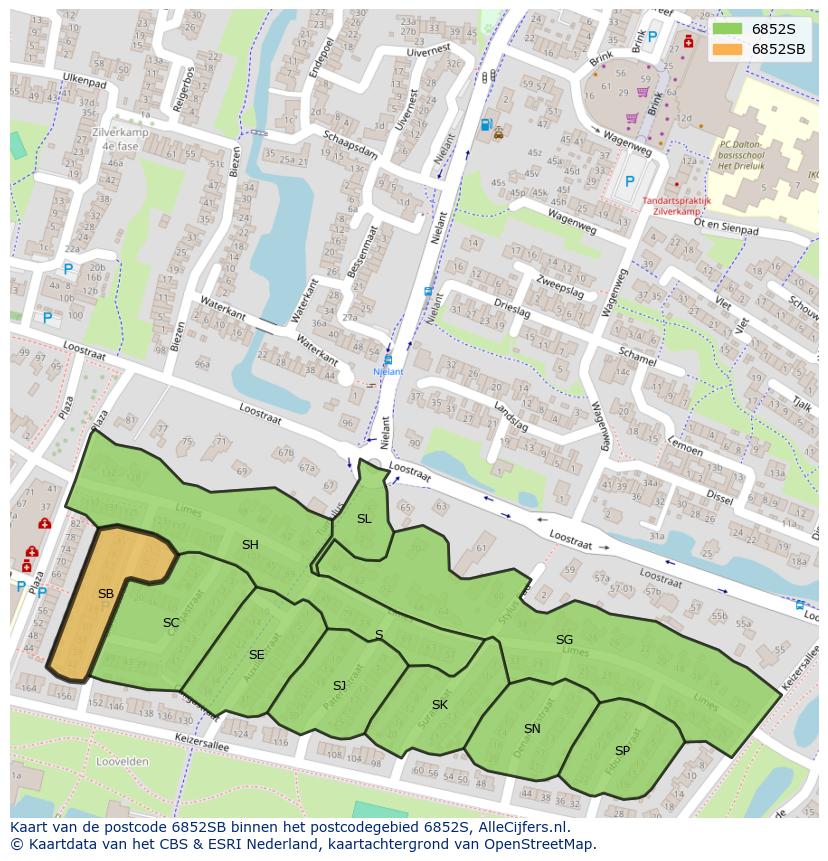 Afbeelding van het postcodegebied 6852 SB op de kaart.