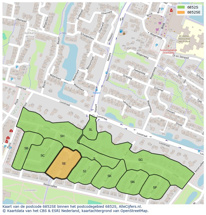 Afbeelding van het postcodegebied 6852 SE op de kaart.