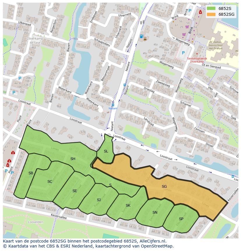Afbeelding van het postcodegebied 6852 SG op de kaart.