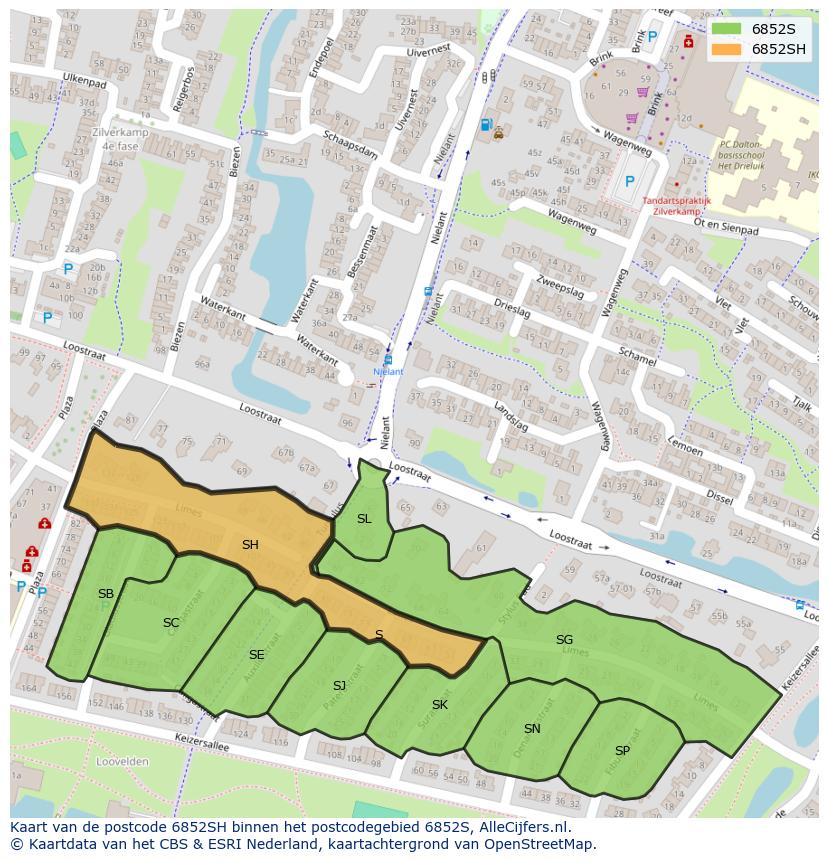 Afbeelding van het postcodegebied 6852 SH op de kaart.