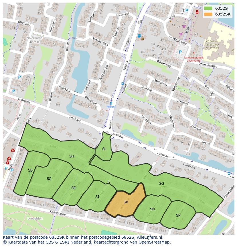 Afbeelding van het postcodegebied 6852 SK op de kaart.