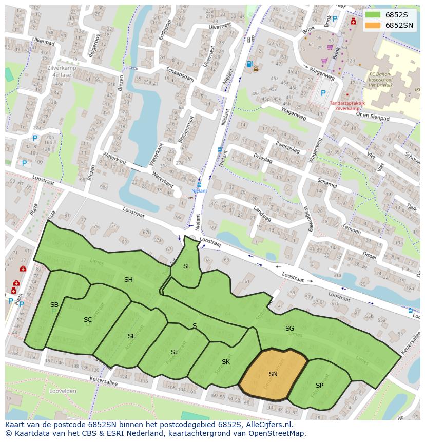 Afbeelding van het postcodegebied 6852 SN op de kaart.