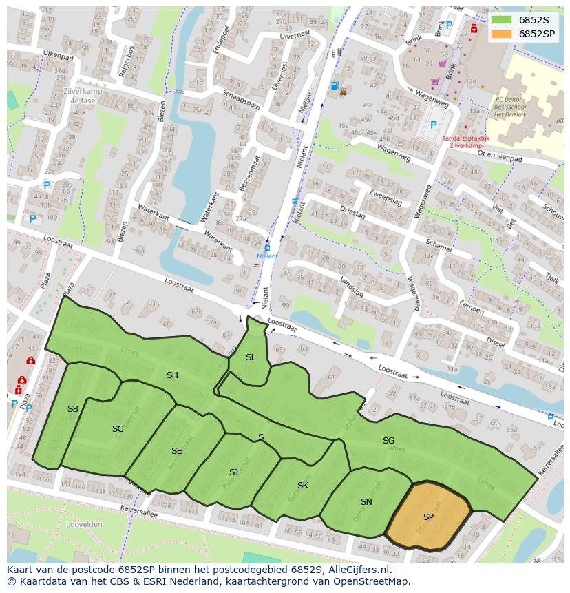 Afbeelding van het postcodegebied 6852 SP op de kaart.