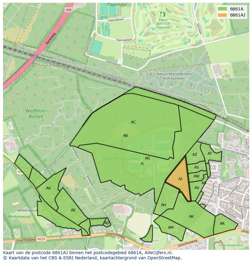 Afbeelding van het postcodegebied 6861 AJ op de kaart.