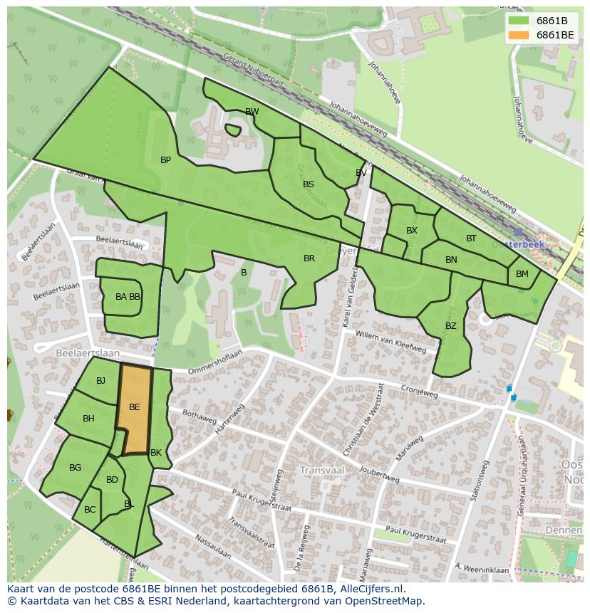Afbeelding van het postcodegebied 6861 BE op de kaart.