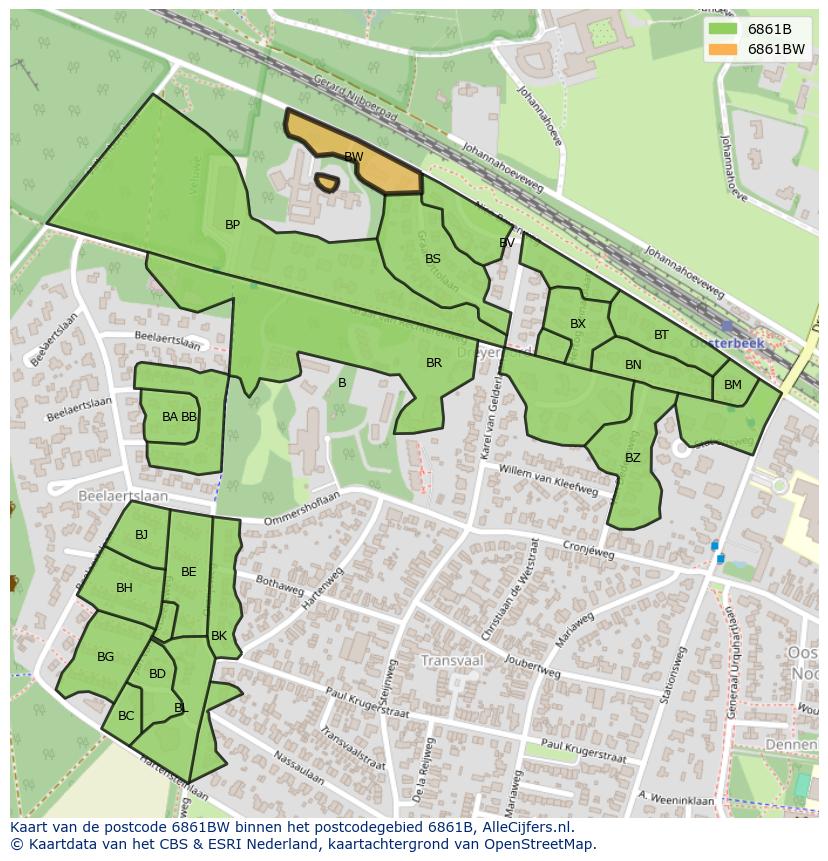 Afbeelding van het postcodegebied 6861 BW op de kaart.