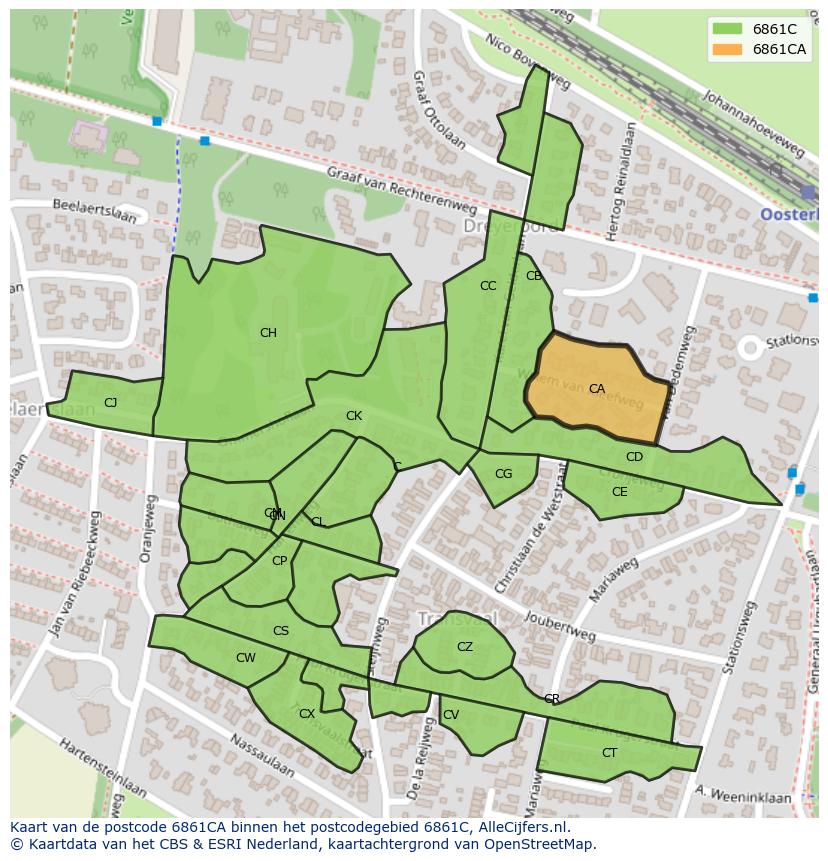 Afbeelding van het postcodegebied 6861 CA op de kaart.