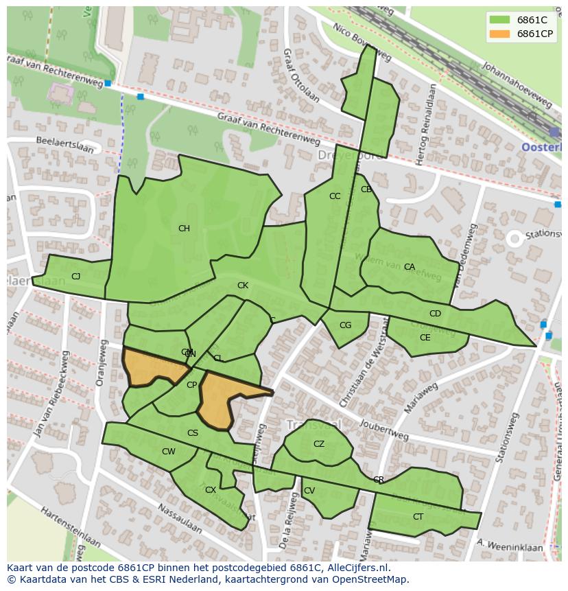 Afbeelding van het postcodegebied 6861 CP op de kaart.