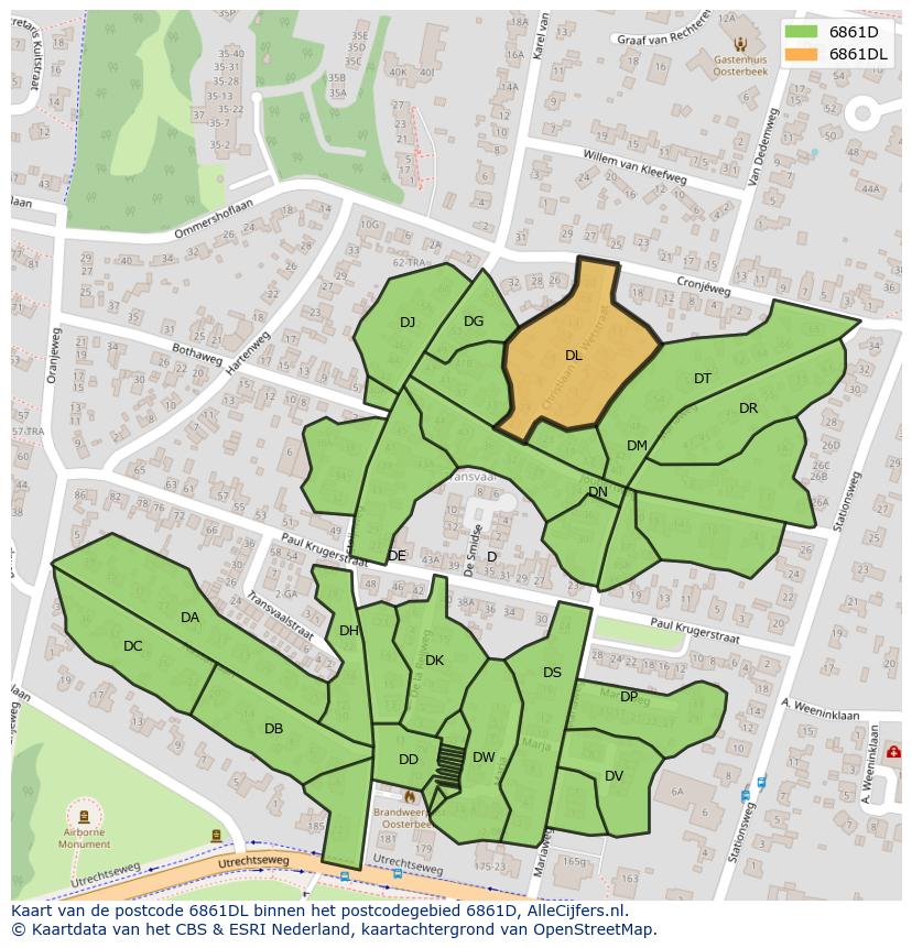 Afbeelding van het postcodegebied 6861 DL op de kaart.