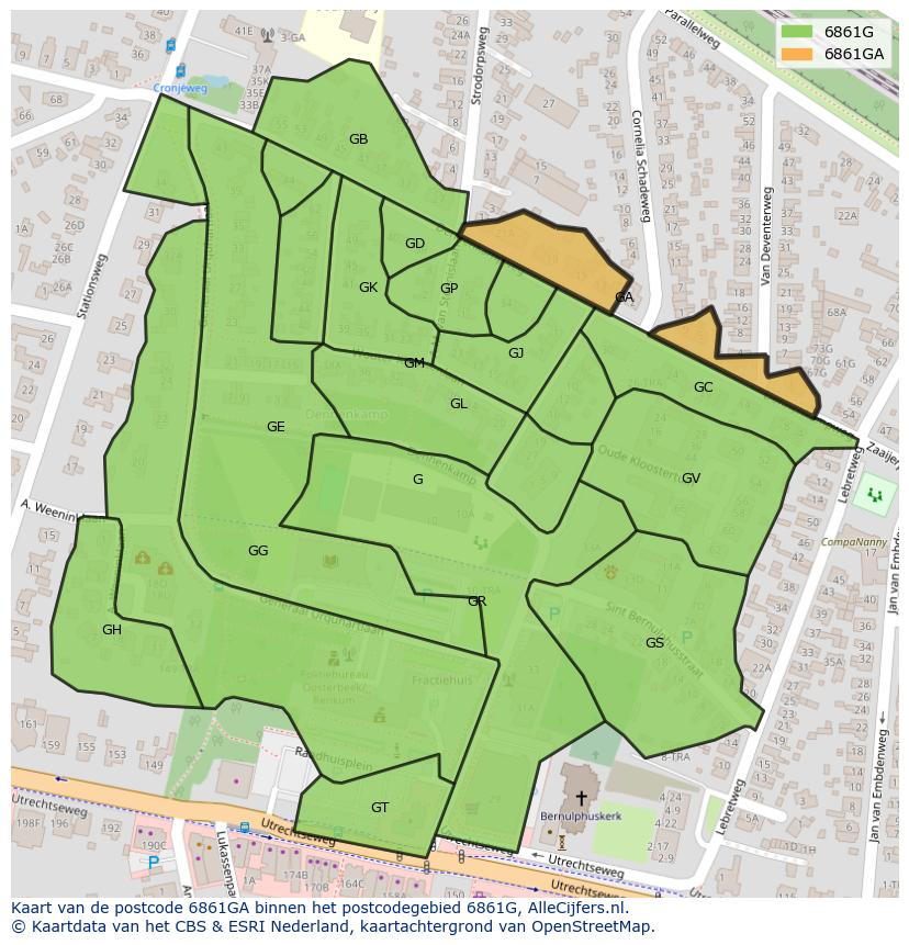 Afbeelding van het postcodegebied 6861 GA op de kaart.
