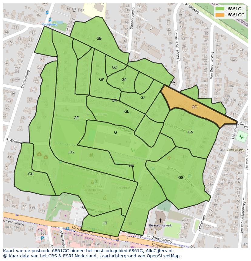 Afbeelding van het postcodegebied 6861 GC op de kaart.