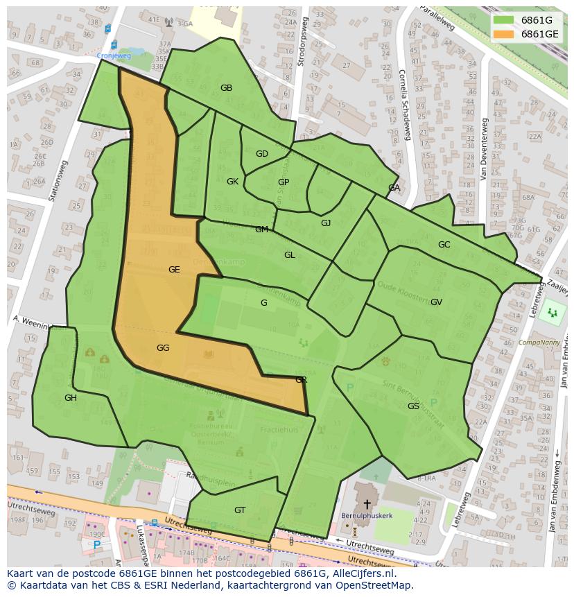 Afbeelding van het postcodegebied 6861 GE op de kaart.